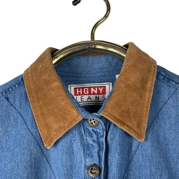 VINTAGE HGNY JEANS LEATHER TRIM DENIM BUTTON DOWN SHIRT - Picture 11 of 13
